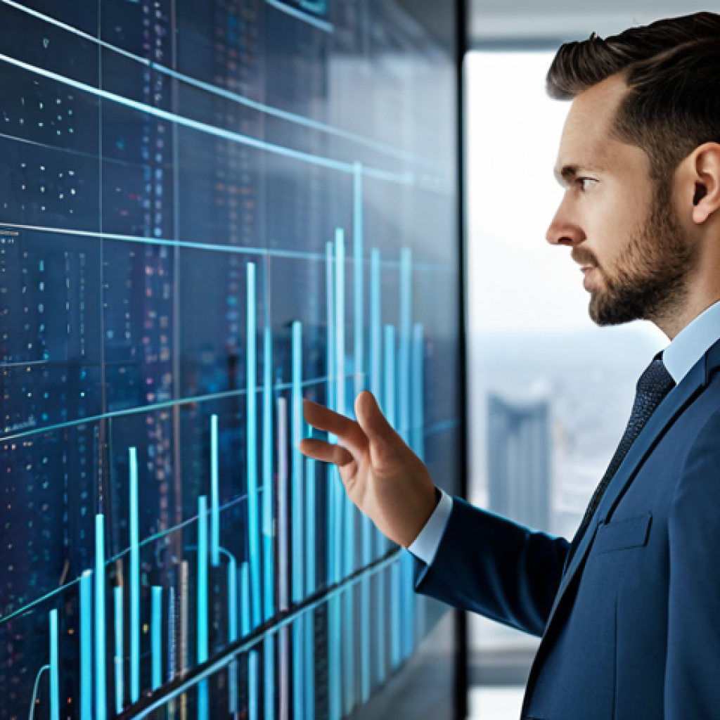 A professional male actuary, fully clothed in a modest business suit, stands in a sophisticated, contemporary office. He is interacting with a large, transparent digital display that shows intricate data visualizations, complex algorithms, and predictive analytics models. The background features a blurred cityscape, emphasizing the global scale of data. The overall scene conveys intelligence and precision. Perfect anatomy, correct proportions, natural pose, well-formed hands, proper finger count, natural body proportions. Professional photography, high quality, safe for work, appropriate content, family-friendly.