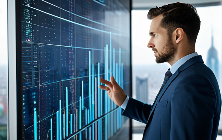 A professional male actuary, fully clothed in a modest business suit, stands in a sophisticated, contemporary office. He is interacting with a large, transparent digital display that shows intricate data visualizations, complex algorithms, and predictive analytics models. The background features a blurred cityscape, emphasizing the global scale of data. The overall scene conveys intelligence and precision. Perfect anatomy, correct proportions, natural pose, well-formed hands, proper finger count, natural body proportions. Professional photography, high quality, safe for work, appropriate content, family-friendly.