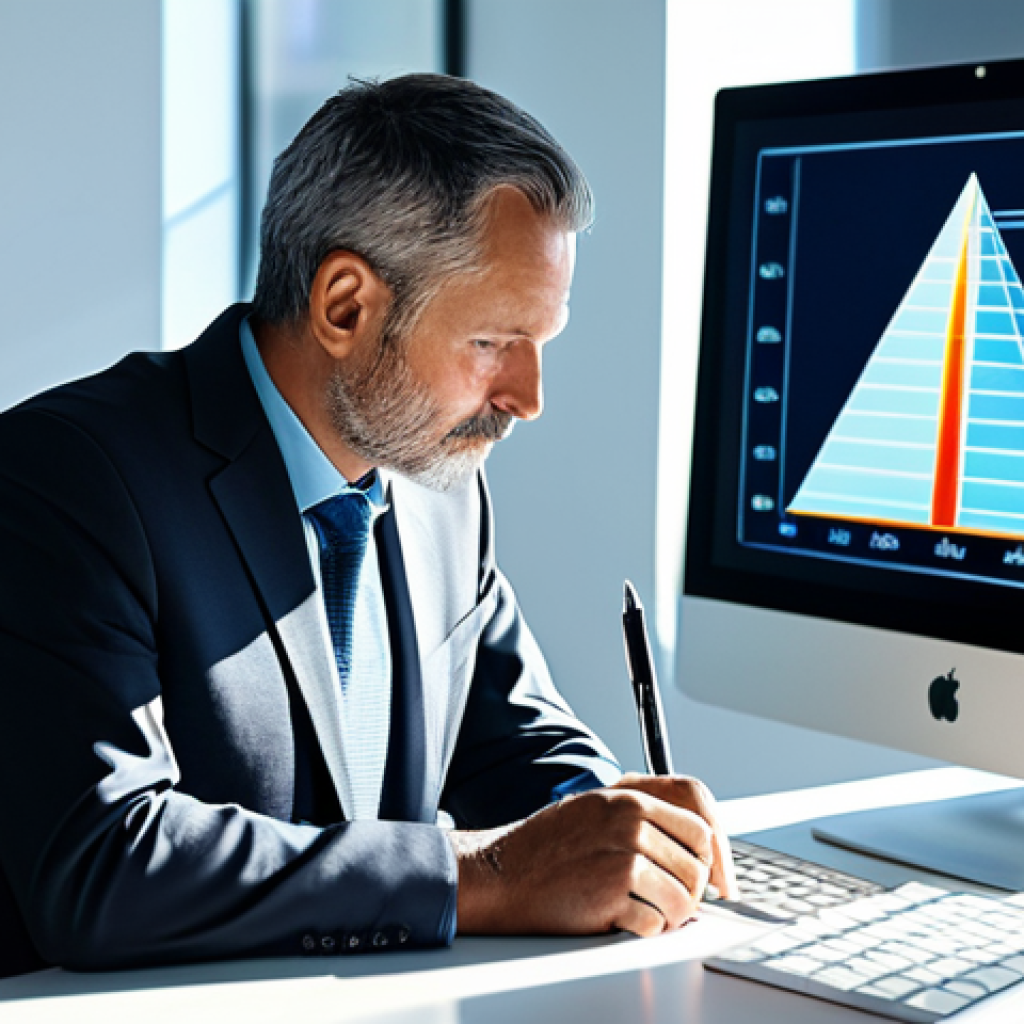 A professional actuary, a man in his late 40s, wearing a modest business suit, sitting thoughtfully at a large desk in a modern, sunlit office. On the holographic display in front of him, there's a complex, visually clear graphic depicting an inverted population pyramid, symbolizing the demographic shift. The office features sleek, contemporary design elements and soft ambient lighting. He holds a digital pen, pointing towards the display, immersed in data analysis. The atmosphere is professional and contemplative, fully clothed, appropriate attire, safe for work, perfect anatomy, correct proportions, natural pose, well-formed hands, proper finger count, natural body proportions, professional photography, high quality, studio lighting.