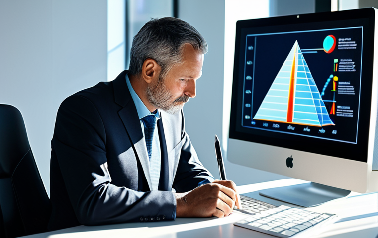 A professional actuary, a man in his late 40s, wearing a modest business suit, sitting thoughtfully at a large desk in a modern, sunlit office. On the holographic display in front of him, there's a complex, visually clear graphic depicting an inverted population pyramid, symbolizing the demographic shift. The office features sleek, contemporary design elements and soft ambient lighting. He holds a digital pen, pointing towards the display, immersed in data analysis. The atmosphere is professional and contemplative, fully clothed, appropriate attire, safe for work, perfect anatomy, correct proportions, natural pose, well-formed hands, proper finger count, natural body proportions, professional photography, high quality, studio lighting.