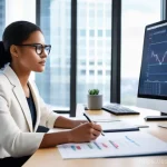 보험계리사 보험상품 분석 사례 - Prompt 1:** A diverse, intelligent actuary, dressed in smart-casual business attire, meticulously an...