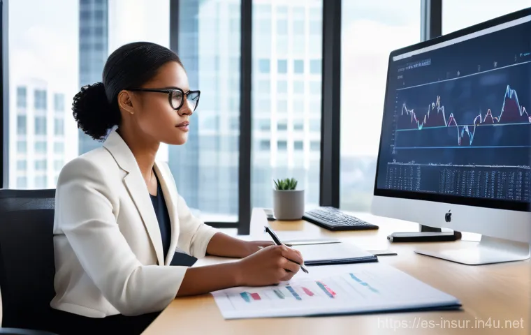 보험계리사 보험상품 분석 사례 - Prompt 1:** A diverse, intelligent actuary, dressed in smart-casual business attire, meticulously an...