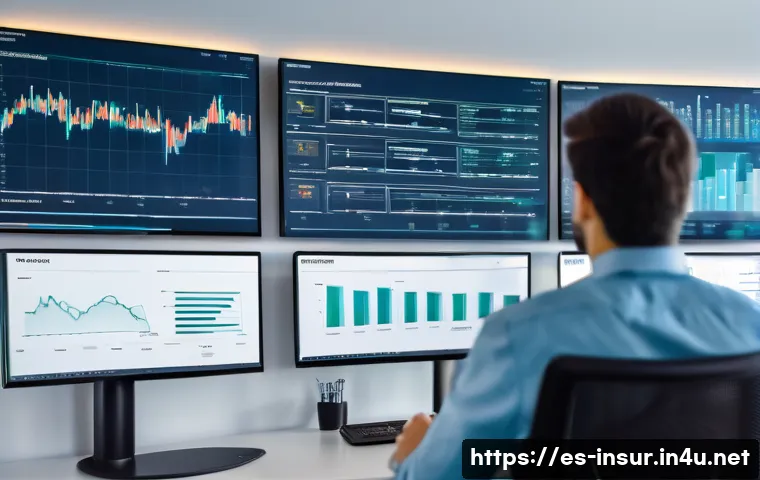 보험계리사와 협동조합 보험 분석 - A professional actuary in a modern Spanish insurance cooperative office, analyzing large digital scr...