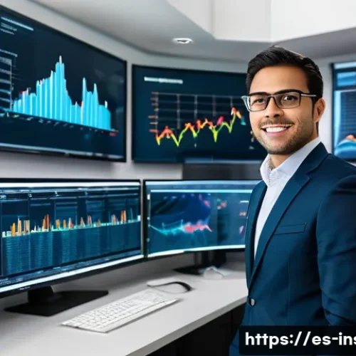 보험계리사와 장기보험 설계 - A professional actuarial analyst in a modern office setting, surrounded by multiple large screens di...