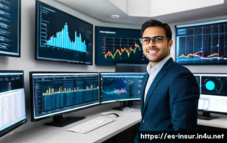 보험계리사와 장기보험 설계 - A professional actuarial analyst in a modern office setting, surrounded by multiple large screens di...