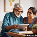 보험계리사와 고령화 사회 - A detailed, professional illustration of an elderly Latin American couple using modern digital insur...