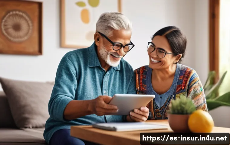 보험계리사와 고령화 사회 - A detailed, professional illustration of an elderly Latin American couple using modern digital insur...