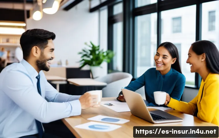 보험계리사와 직장 내 네트워킹 - A professional office setting where diverse actuarial colleagues are engaging in a casual coffee bre...