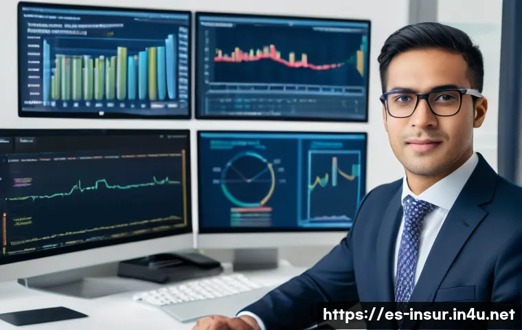 보험계리사와 회계사 비교 - A professional actuary in a modern Spanish insurance office, dressed in formal business attire with ...