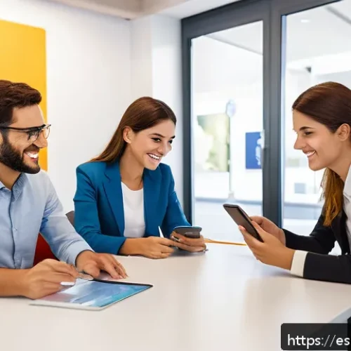 보험계리사와 계약 유지율 분석 - A modern insurance customer service center in Spain, showing a diverse group of young and older clie...