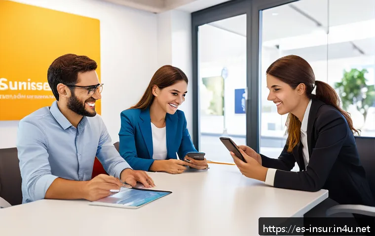 보험계리사와 계약 유지율 분석 - A modern insurance customer service center in Spain, showing a diverse group of young and older clie...