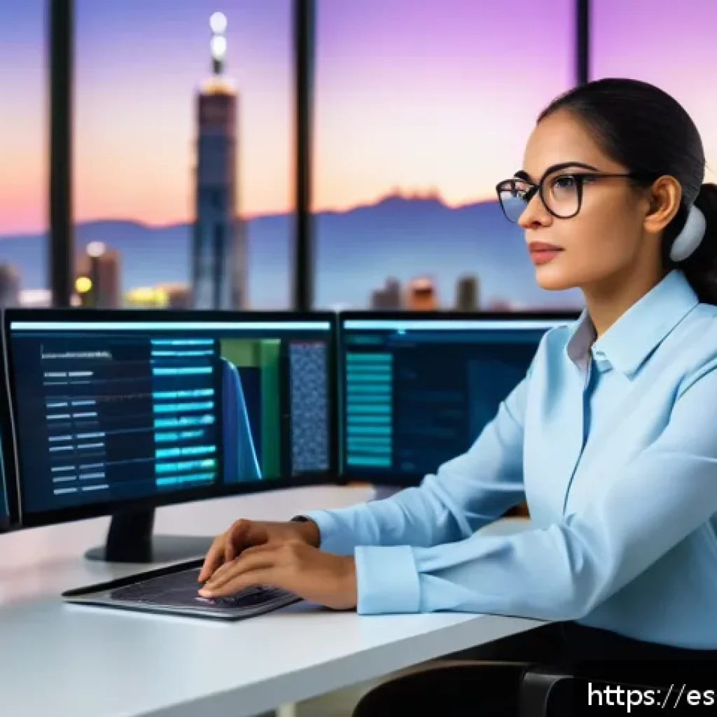 보험계리사와 글로벌 트렌드 적용 - A modern digital workspace showing a young Hispanic actuary woman in professional attire, wearing gl...