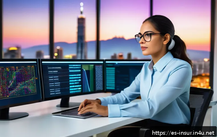 보험계리사와 글로벌 트렌드 적용 - A modern digital workspace showing a young Hispanic actuary woman in professional attire, wearing gl...