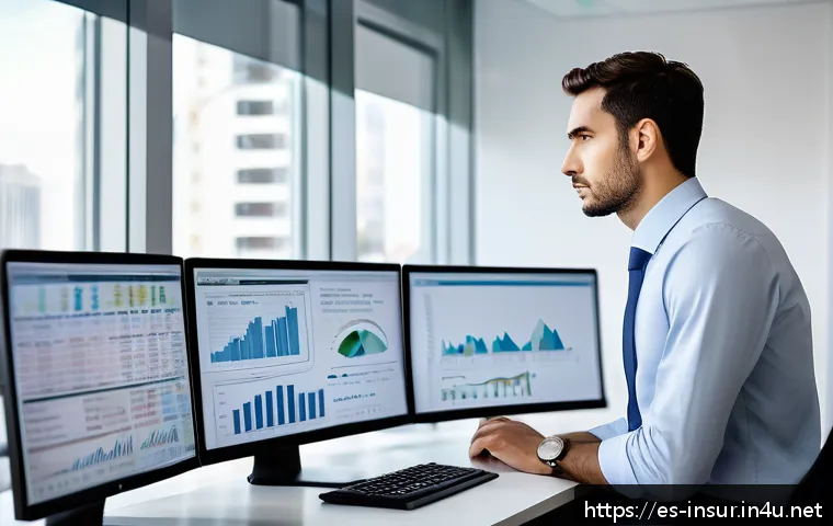 보험계리사와 보험 설계사 차이 - A professional Spanish actuary working in a modern office environment, focused on analyzing complex ...