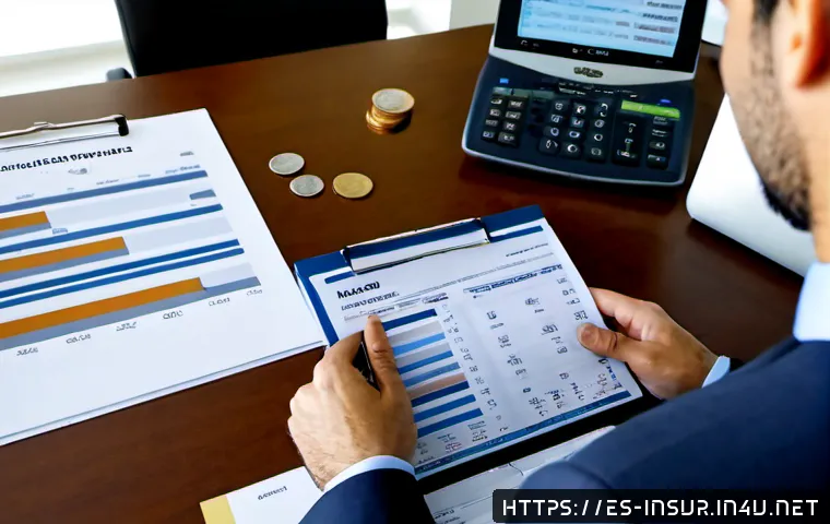 보험계리사와 보험법 개정 사례 - Photorealistic Spanish insurance actuary in a modern Madrid office, reviewing printed policy documen...