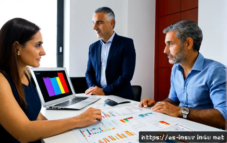 Home 30 보험계리사와 통합보험 솔루션 - Photorealistic Spanish insurance actuary in a modern Madrid office, reviewing colorful risk charts a...